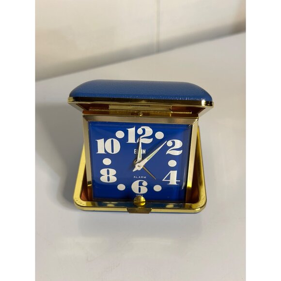 VTG 1970s Elgin Blue Square Travel Alarm Clock Folding Case Gold 3" NOT WORKING - Picture 2 of 8